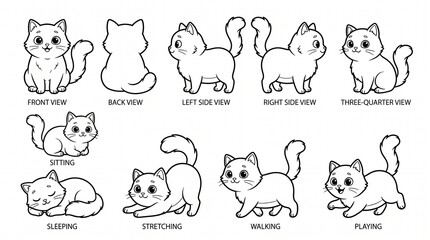 Fototapeta premium Cute Kitten Character Sheet with Various Poses and Views - Line Art Set for Coloring Page or Animation