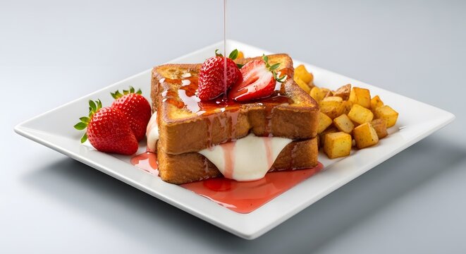 Thick golden toast slice with fresh strawberries and cream served on a plate