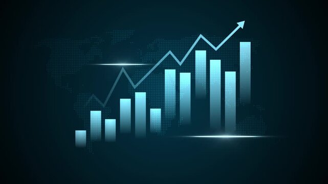Glowing bar chart and upward line graph showing business growth modern digital look animation, Rising business chart with glowing bars
