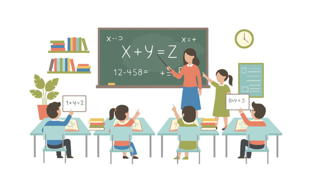 Students raising hands during mathematics lesson while teacher explains variables on green chalkboard in colorful elementary school classroom.