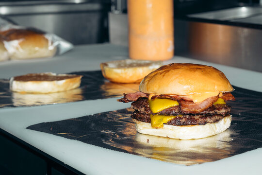 Burger in a fast food restaurant kitchen