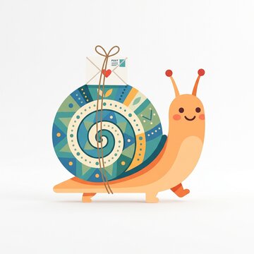 Cute cartoon snail carrying a post letter envelope with heart on its geometric shell snail mail concept vector illustration isolated on white background

