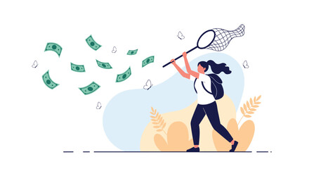 Fototapeta premium Determined woman with a backpack and butterfly net chasing after flying money banknotes in a scenic outdoor environment.