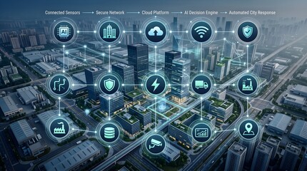 Fototapeta premium Smart city automated response ecosystem featuring connected urban sensors and artificial intelligence cloud platform infrastructure