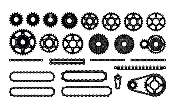 Collection of bicycle gears and chains in black silhouette