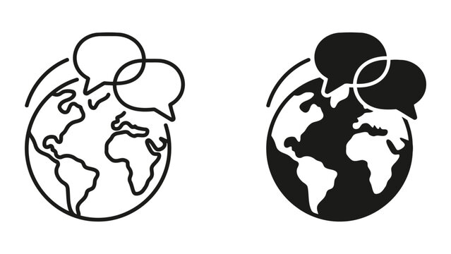 Global communication concept with world map and speech bubbles icon set