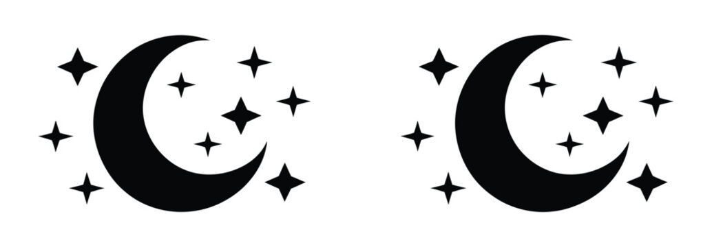 Moon Crescent Icon Set, Half Moon Filled Vector Symbols With Crescent Moon, Star And Night Sky Elements, Modern Editable Stroke Minimal Vector Illustration For Astronomy, Weather, Ramadan, Sleep
