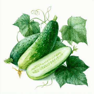 Watercolor illustration of fresh cucumbers with one cucumber sliced lengthwise showing pale green flesh and seeds, accompanied by vine leaves and tendrils, showing the full branch composition