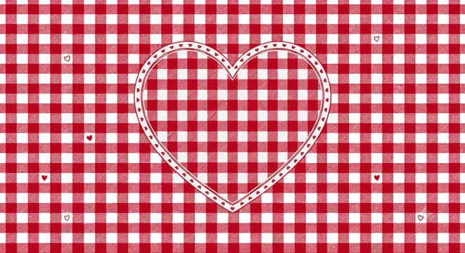 The image features a red and white gingham (checkered) heart design on a matching plaid background, creating a warm and romantic theme.