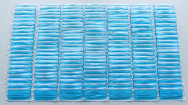 A stack of blue surgical face masks is neatly arranged on a white surface. The masks are stacked in rows and columns, creating a grid-like pattern.
