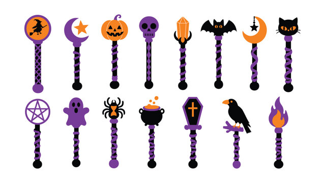 Halloween Themed Spooky Keychains With Purple And Orange Designs On Transparent Background