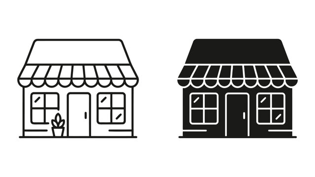 Small store front line and silhouette vector icon set with building, business