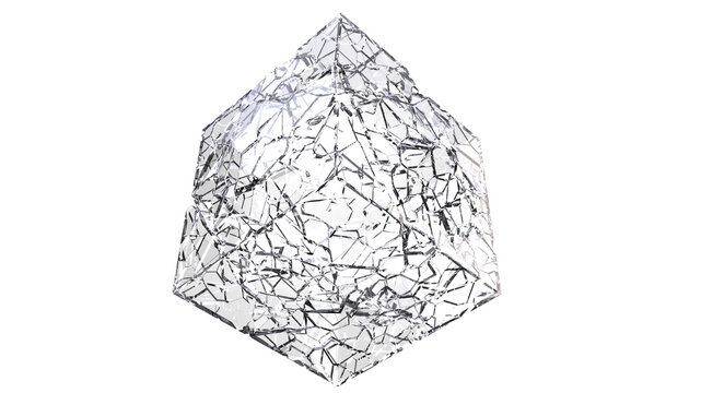 Clear glass broken cube - Broken glass elements isolated on white background - 3D Illustration