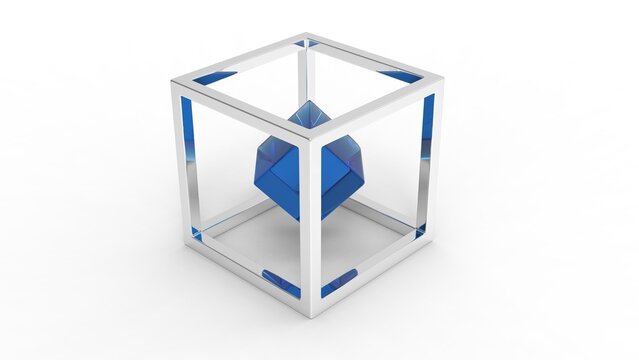 Blue crystal cube in a metal box - 3D Render