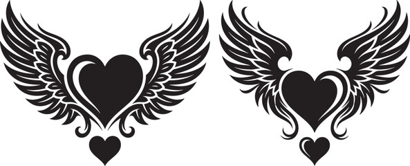 Fototapeta premium Heart shapes with angelic wings in black and white graphic silhouette set silhouette valentines isolated illustration decoration
