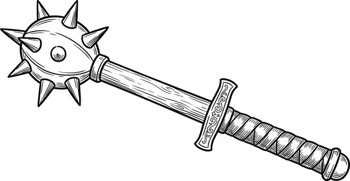 Vintage Medieval Spiked Mace Weapon Hand Drawn Sketch Vector Illustration For Fantasy Gaming Graphic Designs