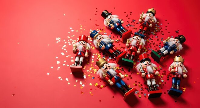 Classic wooden nutcracker soldiers stand elegantly amidst shiny metallic confetti scattered across a vibrant and festive red backdrop, merry, christmas, gold
