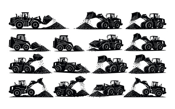 Construction machinery loading and unloading material vector illustration black silhouette