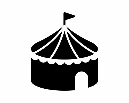 Black and white illustration of a circus tent with flag  carnival icon