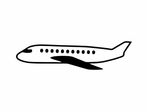 Airplane flying in the air with black outline and white body