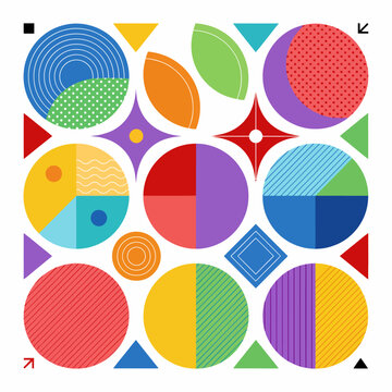 Colorful geometric shapes composition with circles and triangles on white background