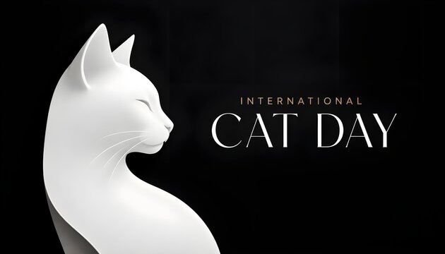 International Cat Day Minimalist Black Banner with Elegant White 3D Cat Sculpture