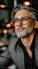 Fototapeta premium A sophisticated middle-aged man with glasses gazes thoughtfully while seated, creating an intimate background.