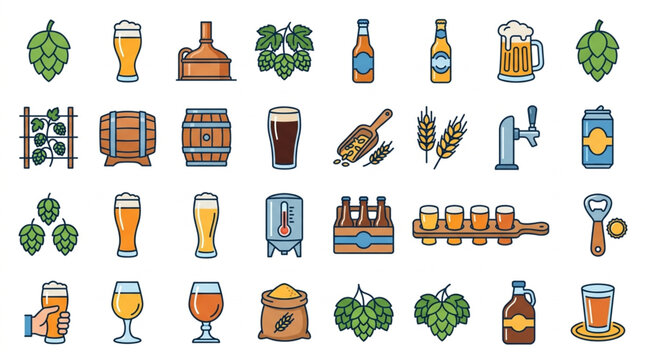 Colorful Beer and Brewing Equipment Icons Set.