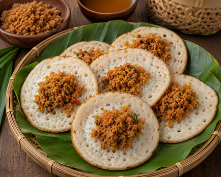 Traditional Indonesian Serabi Oncom Pancakes on Banana Leaf