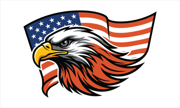 American bald eagle illustration against waving united states flag with bird of prey, stars and stri