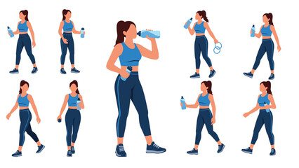 Obraz premium Multiple views of a fit woman in sports wear walking and drinking water from a bottle to stay hydrated during her workout.