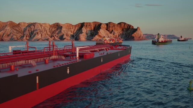 Oil tanker passing cargo ships in coastal strait at sunset