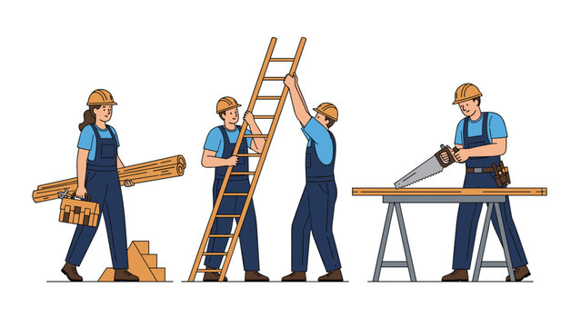 Team of professional carpenters in safety gear and hard hats working together to build with wood, ladders and hand tools.