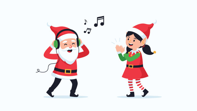 Jolly Santa Claus listening to music on headphones while a happy little elf girl claps and dances to the rhythm.