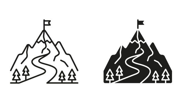 Mountain peak reaching goal flag icons set with mountain climbing adventure
