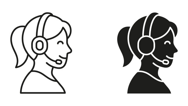 Customer support representative headset icon set in line and silhouette