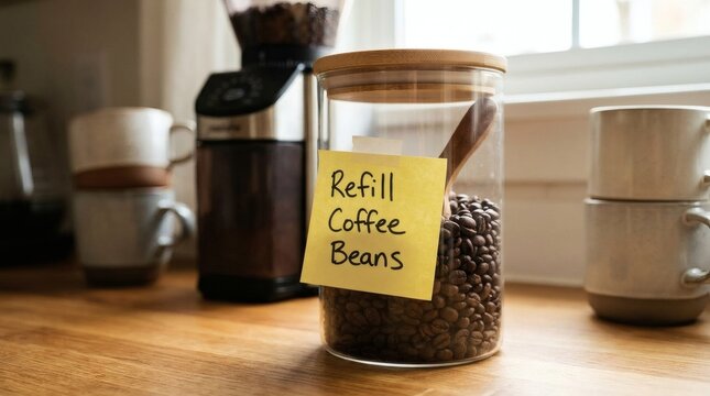 Glass jar of roasted coffee beans with a refill reminder sticky note