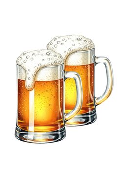 Hand-painted watercolor illustration of two overflowing beer mugs with golden lager and white foam bubbles on a plain white background, textured, stout, refreshing