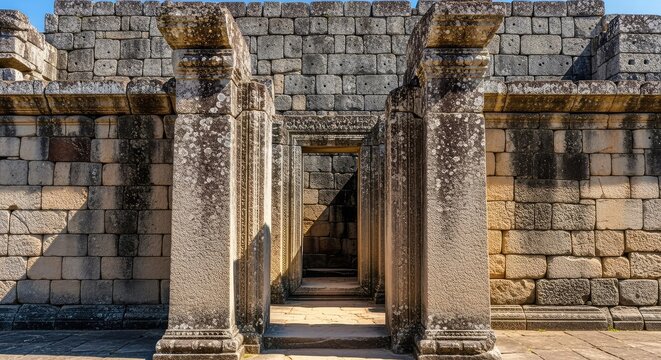 Majestic ancient stone facade featuring a narrow entrance walkway flanked by weathered vertical columns and monumental historic masonry walls, block, tourism, monument