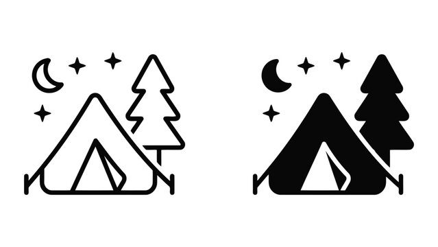 Camping tent icon with pine tree and crescent moon at night adventure vacation