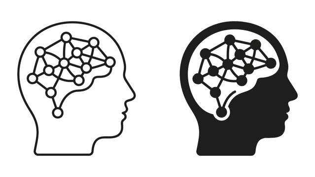 Human head profile with brain network synapse icon in two styles, intelligence