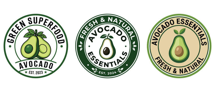 Set of three round avocado logo badge designs for fresh organic food and natural products