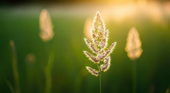 Tall, slender light beige wildflowers glowing under the warm rays of the golden hour sun in a tranquil meadow during late afternoon, floral, outdoor, sunrise
