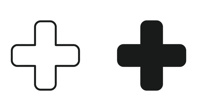 Plus sign or addition mathematical symbol flat and outline icon set