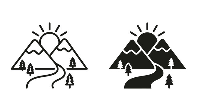Mountain landscape with sun and pine trees icon set mountain landscape