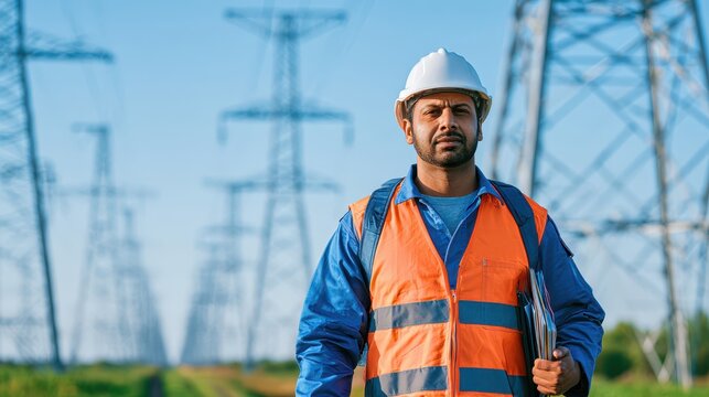 Electrical Engineer Inspecting High Voltage Power Transmission Lines