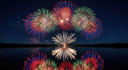 Fototapeta premium Vibrant fireworks burst in the night sky above a calm water surface, creating brilliant reflections and a festive atmosphere for a grand event, shimmering, illumination, blue