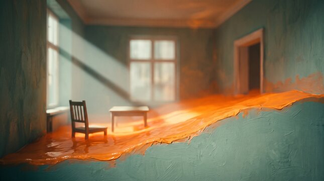 Empty wooden chair glowing with firelight through a window