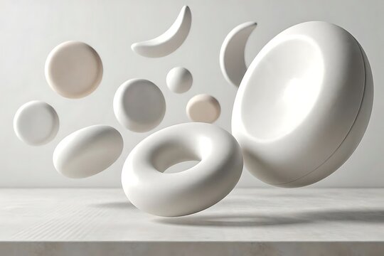 Minimalist 3d composition with floating white abstract forms and rings