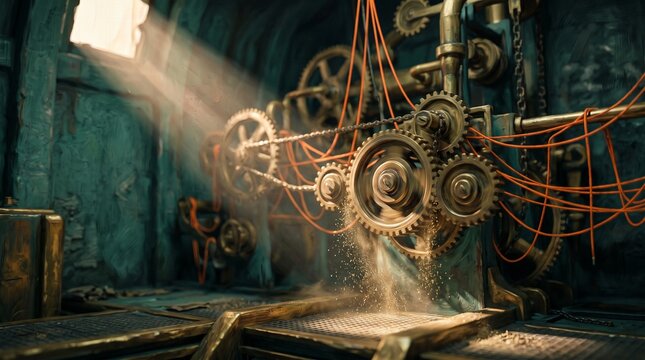 Intricate glowing brass gear and clockwork mechanism structure